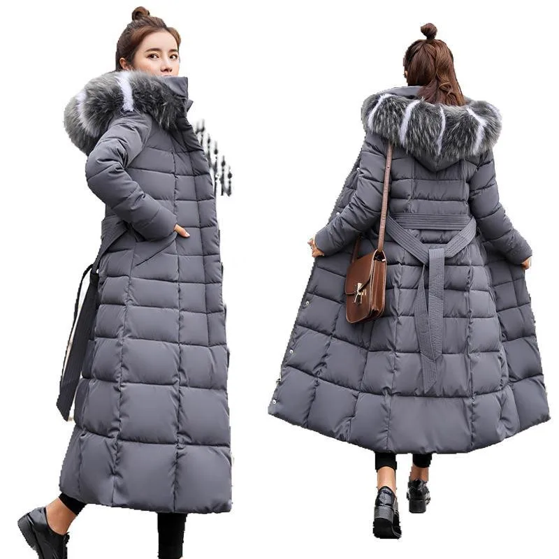 Woman Winter Long Padded Jacket Women's Large Fur Collar Coat Loose Belt Padded Coat Thick Down Padded Jacket Vintage Streetwear