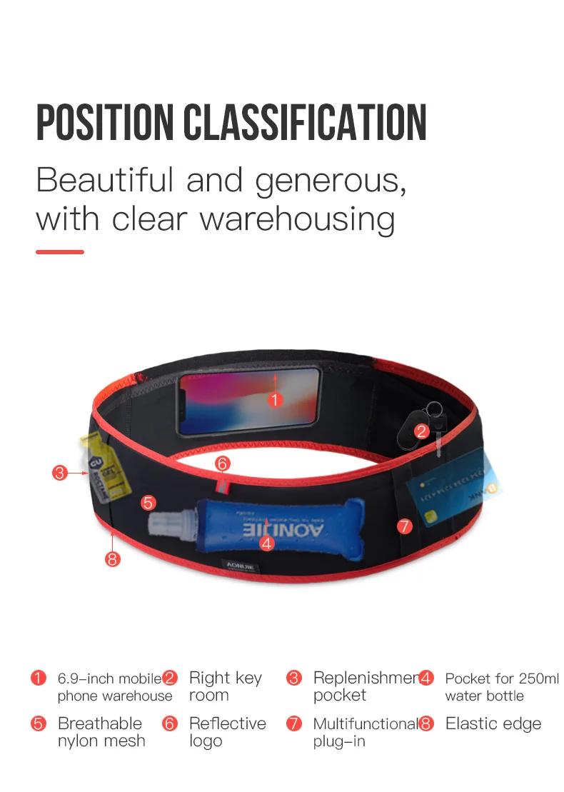 AONIJIE W938S Slim Jogging Running Waist Belt Bag Pack Travel Money Trail Marathon Gym Workout Fitness 6.9 Mobile Phone Holder