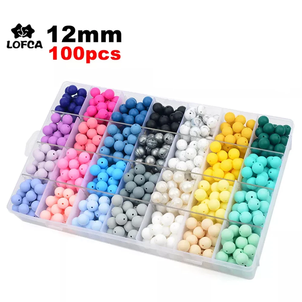 LOFCA 12mm 100pcs Silicone Beads Round Teether Baby Nursing Necklace Pacifier Clip Oral Care BPA Free Food Grade Colorful