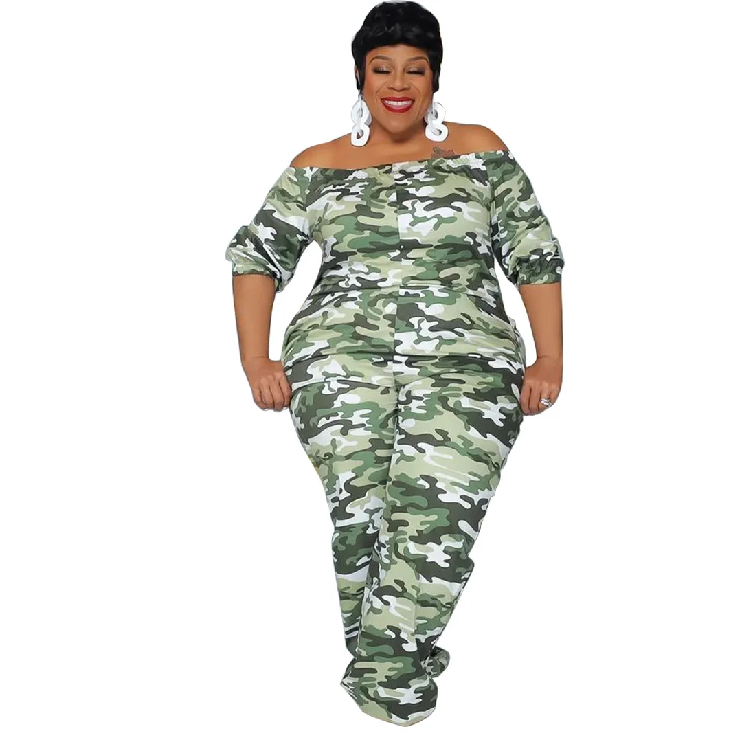 Plus Size 2023 Street Fashion New Camo Print Loose One Line Neck Short Sleeve Pocket High Waist Women's Casual Jumpsuit