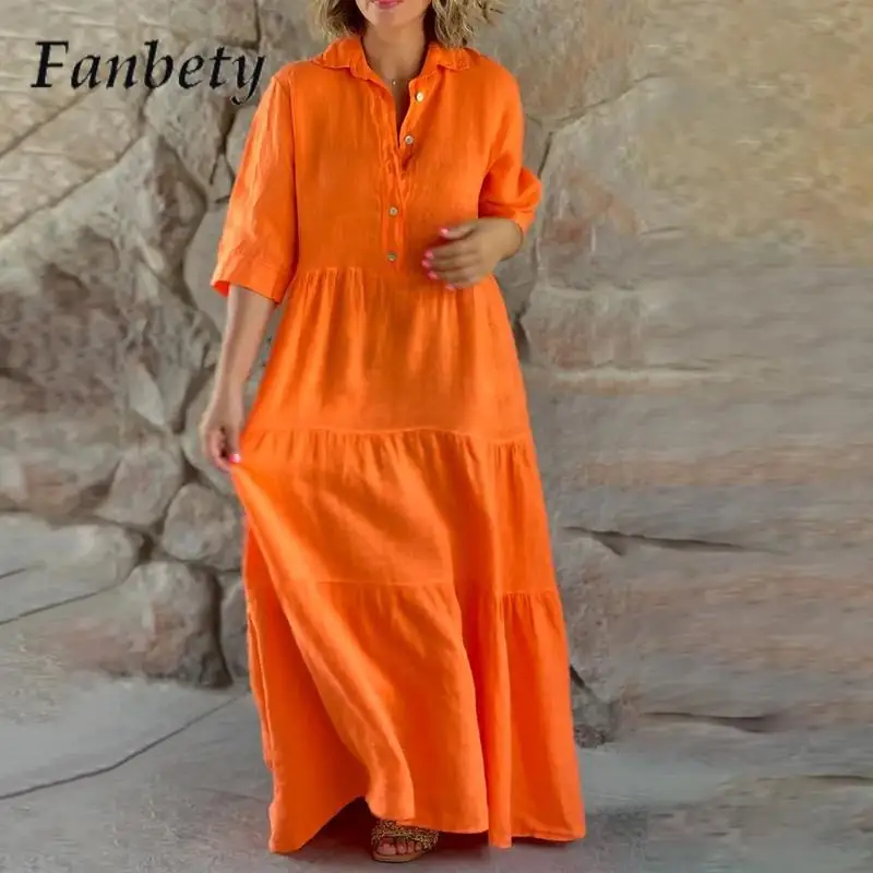 

2023 Fashion Turn-down Collar Loose Party Dress Women Elegant Solid Pullover Button Dress Autumn Casual Vacation Dress Vestido