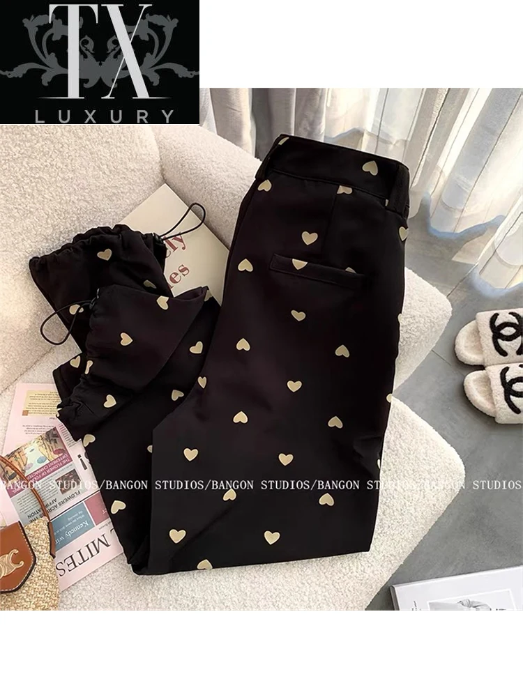 

Women Trousers Streetwear Casual Heart Shaped Print Elastic Waist Vintage Baggy Straight Trouser Drawstring Wide Leg Pants Mujer