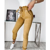 womens pants summer fashion solid color slim pocket pants womens casual tied high waist bandage pencil pants trousers
