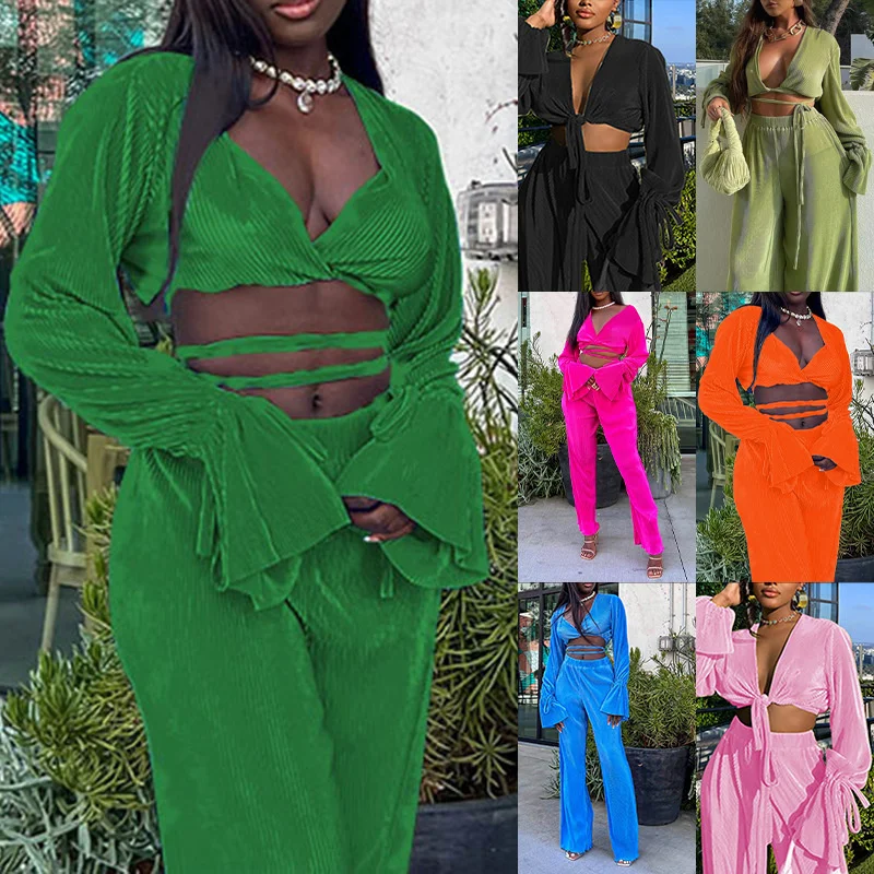 

Spring/Summer 2023 New Women's Fashion Sexy Open Umbilical Back Lace Up Top Straight Pants Fashion Set Two Piece Beach Party