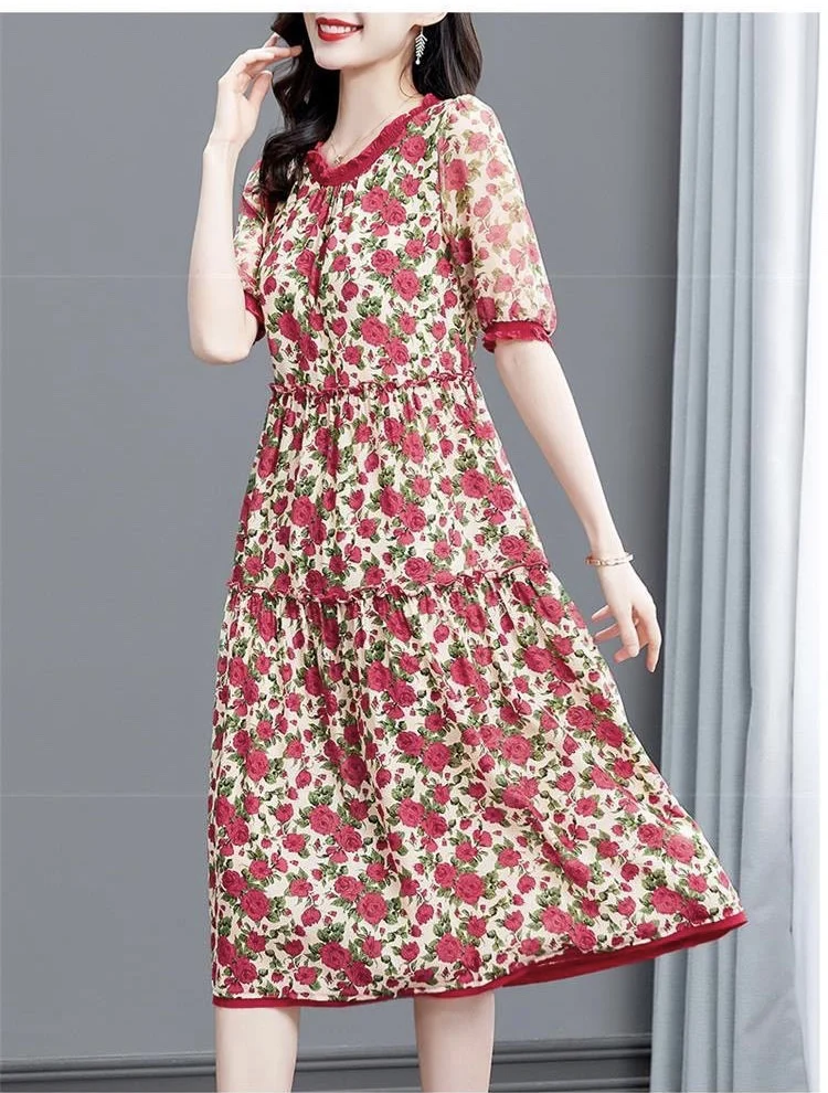 

Summer Woman Rayon Chiffon Mid-calf Dress O-Neck Printing New Fashion Floral Short Sleeve Dresses Female