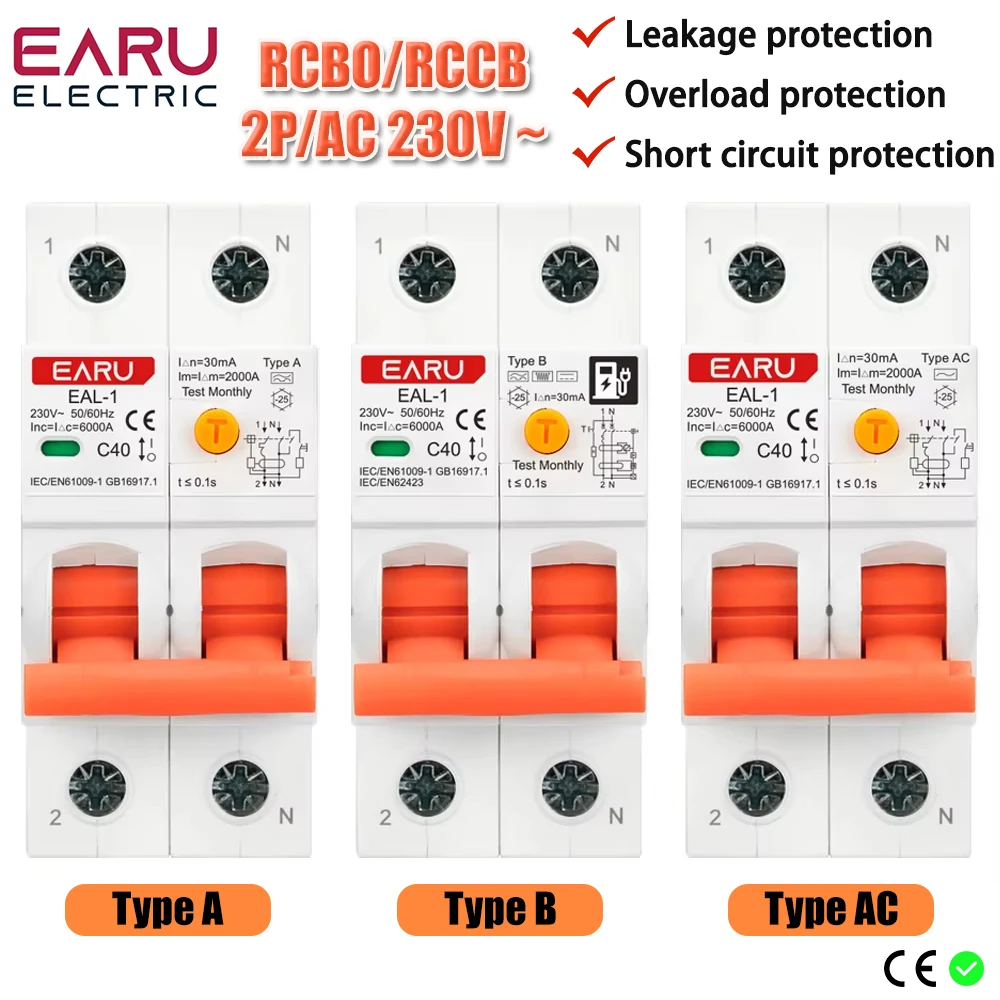 2P 30mA AC A B Тип RCBO RCCB MCB Электронный автоматический выключатель остаточного тока Защита от утечки от короткого тока Зарядное устройство для электромобилей