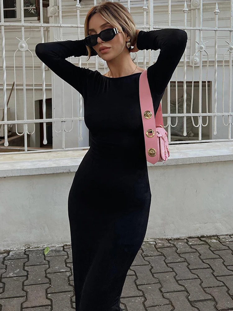 

Sexy Backless Round Collar Black Party Dress Women Solid Long Sleeve Elegant Female Streetwear Bodycon Casual Bandage Midi Dress