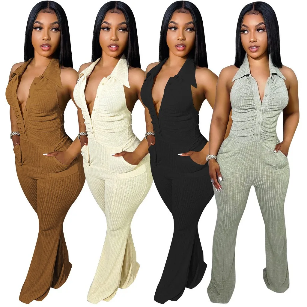

Solid Color Sexy Halter Neck Rib Women Sleevelss Jumpsuits