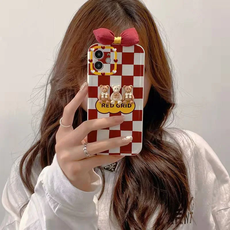 

Ins Style Plaid Bow Bear Phone Soft Case For iPhone 13 12 11 Mini Pro ProMax X XR XS XSMax 7 8 Plus Soft Shockproof Cases Cover