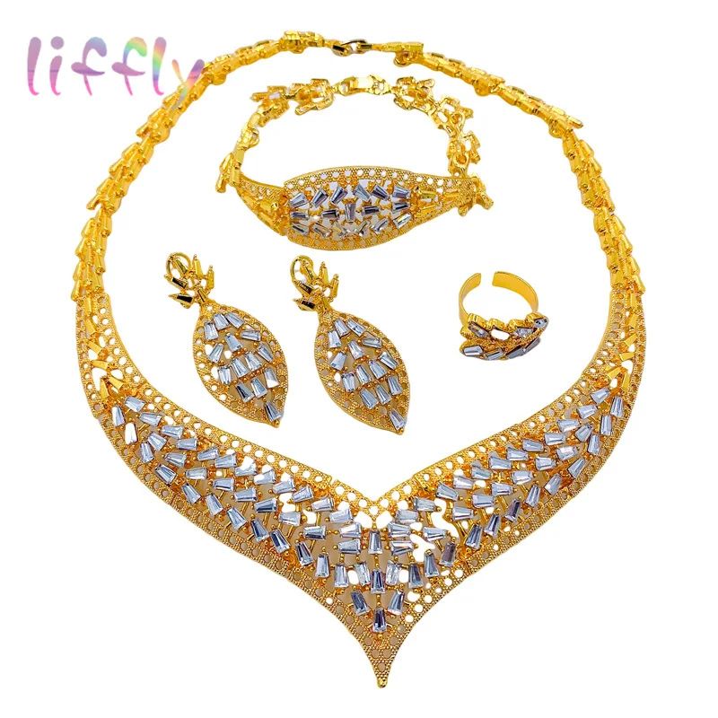 

Dubai Fashion Jewelry Sets Wedding Jewelry Sets for Bride Necklace Crysta Bracelet Stud Earrings Classic Party Ring