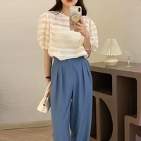 2022 summer women korean fashion 2 two piece set simple o neck striped puff sleeve t shirt pleated wide leg pants suit
