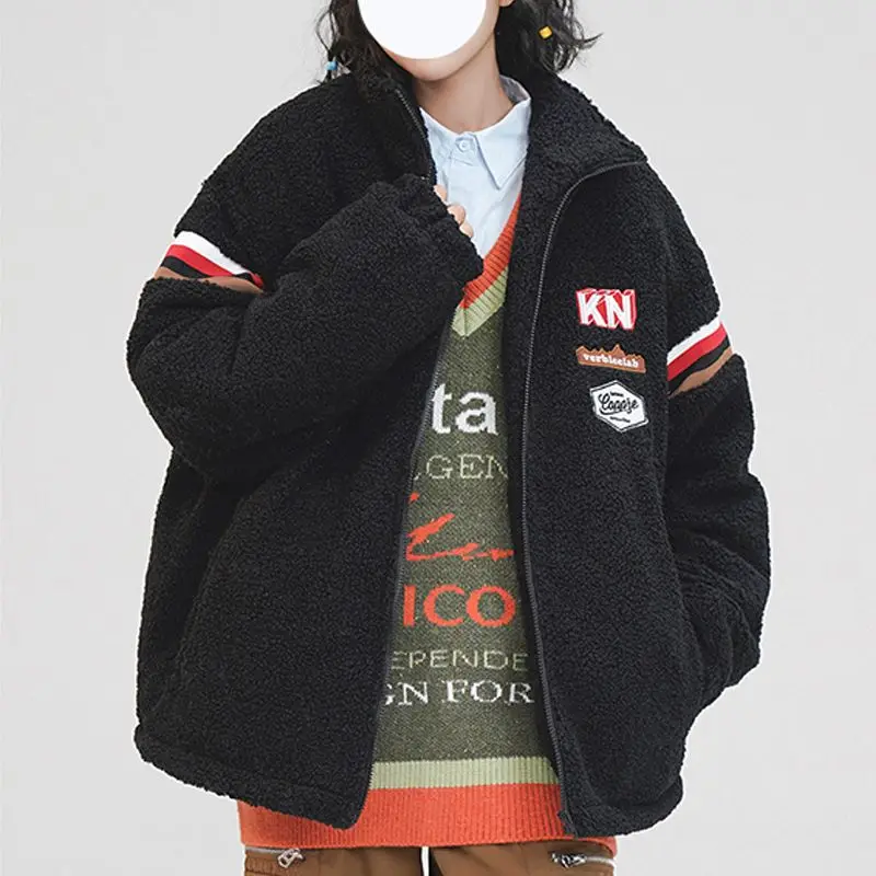 

American Preppy College Students Baseball Jackets Men Lamb Wool Warm Stand Collar Oversized Jacket Coats Autumn Winter Overcoat
