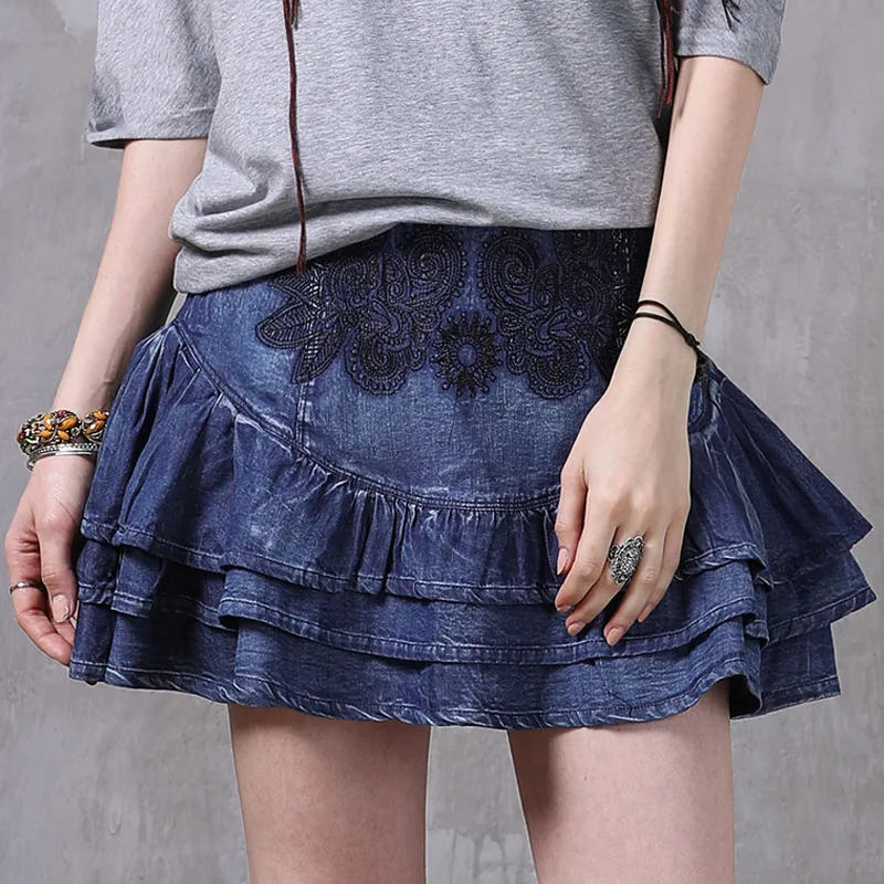 

Summer Women Layered Ruffle Mini Skirt Vintage Flower Embroidered Denim Skirt Y2k Fashion All-match High Waist Short Jeans Skirt