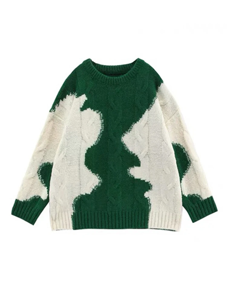 

Print Knitted Sweater Women Elegant Green Ripple Oversized Pullovers Women Spring Autumn Long Sweaters Streetwear Sueter Mujer