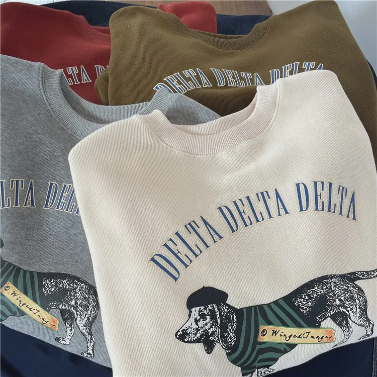 

Plush Puppy Print Round Neck Pullover Sweater Women's Brick Red Winter Thickened Relaxed Coat Top Korean Version