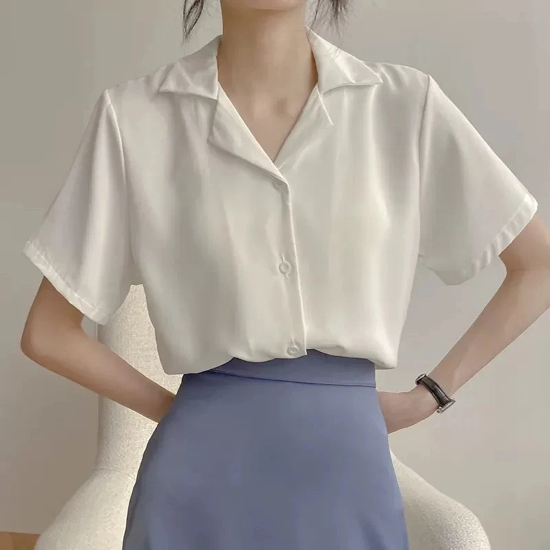 

Elegant Short Sleeve T-Shirt Suits White Loose Chiffon Urbane Casual Aesthetic Beautiful Woman Blouse Summer Clothing 2022 New