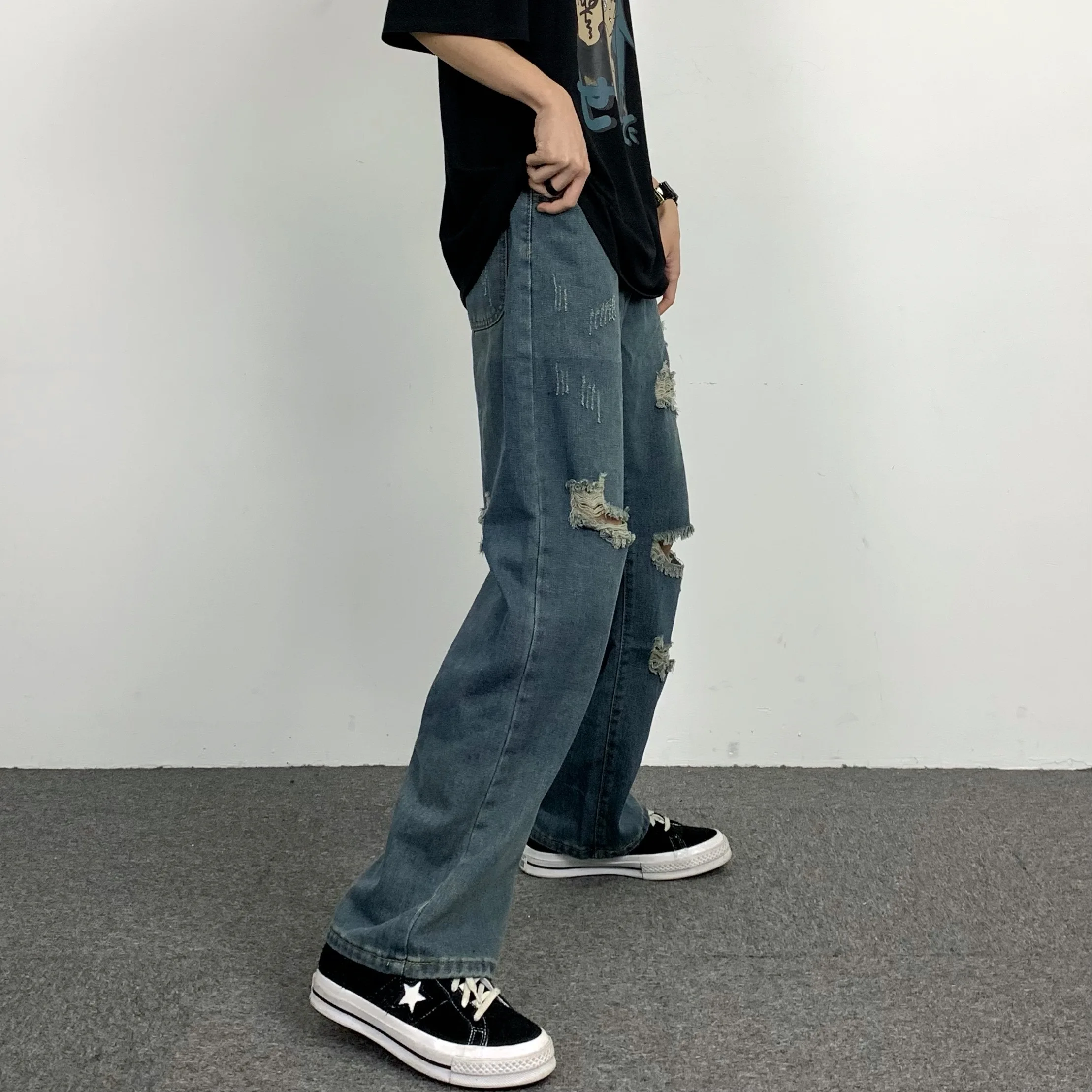 Men's Jeans High Street Hip-hop Colorblock Ripped Loose Jeans Korean Fashion Jeans Hip-hop Men's Clothing Y2k Pants Men  LOOSE