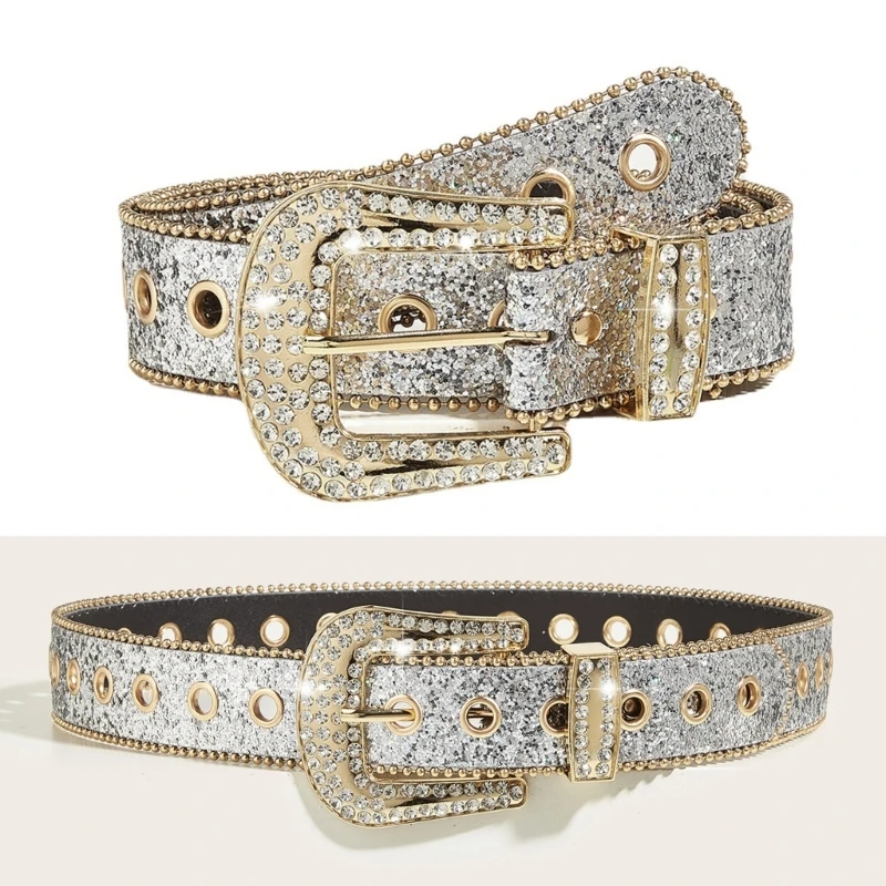 

Woman Buckle Belt for Dress Full Sequins Waist Belt Locomotive Belt