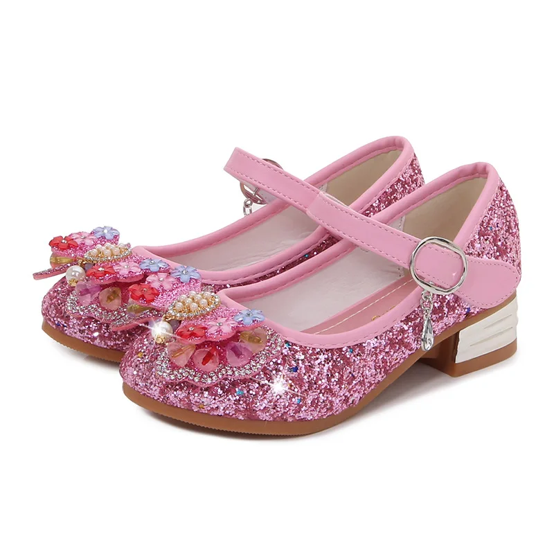 4-7-8-12 Years Girls' High-heeled Leather Shoes Crystal Princess Shoes Aisha Shoes Party Shoes Four Seasons for Little Girls