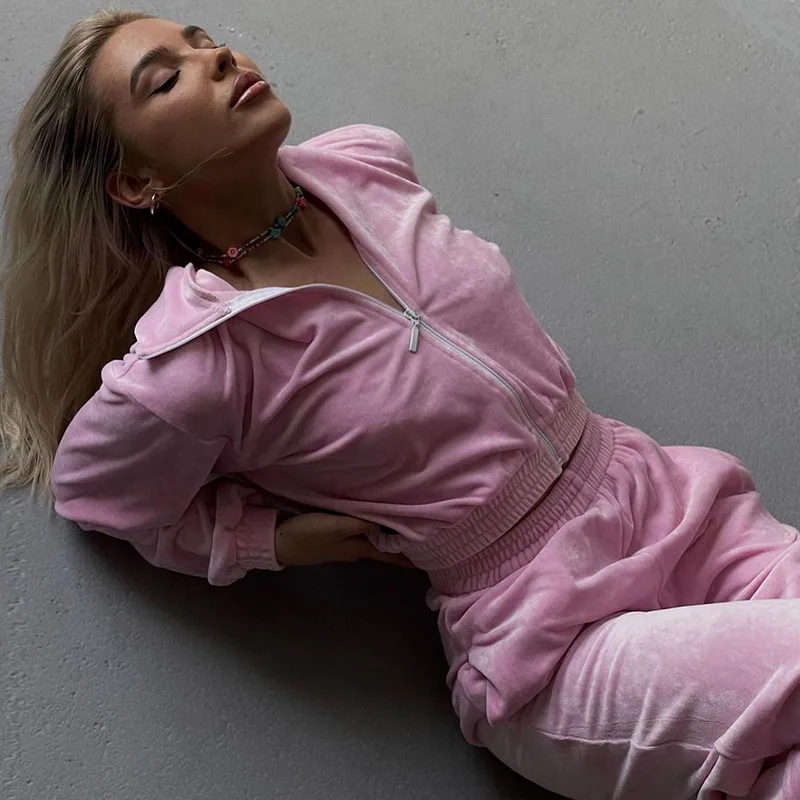 

2023 Autumn Pink Velvet Stand Collar Waist Top and Pants Two-piece Women's Suit