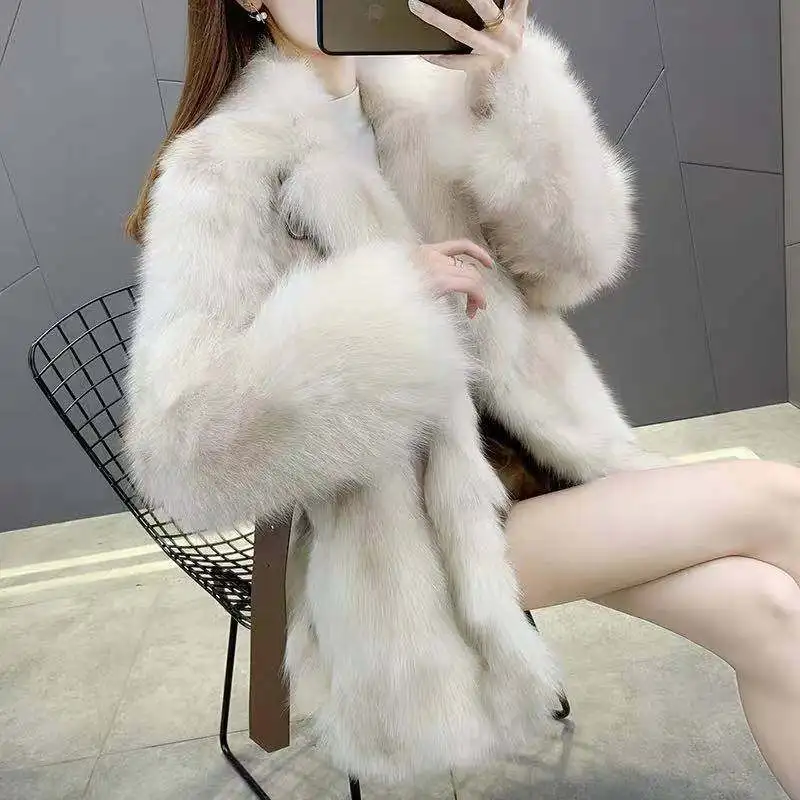 Winter Long Sleeve Coat Women Clothing Faux Fox Fur  Fashion Thick Warm  Coats Outerwear Fake  Jacket  with Belt