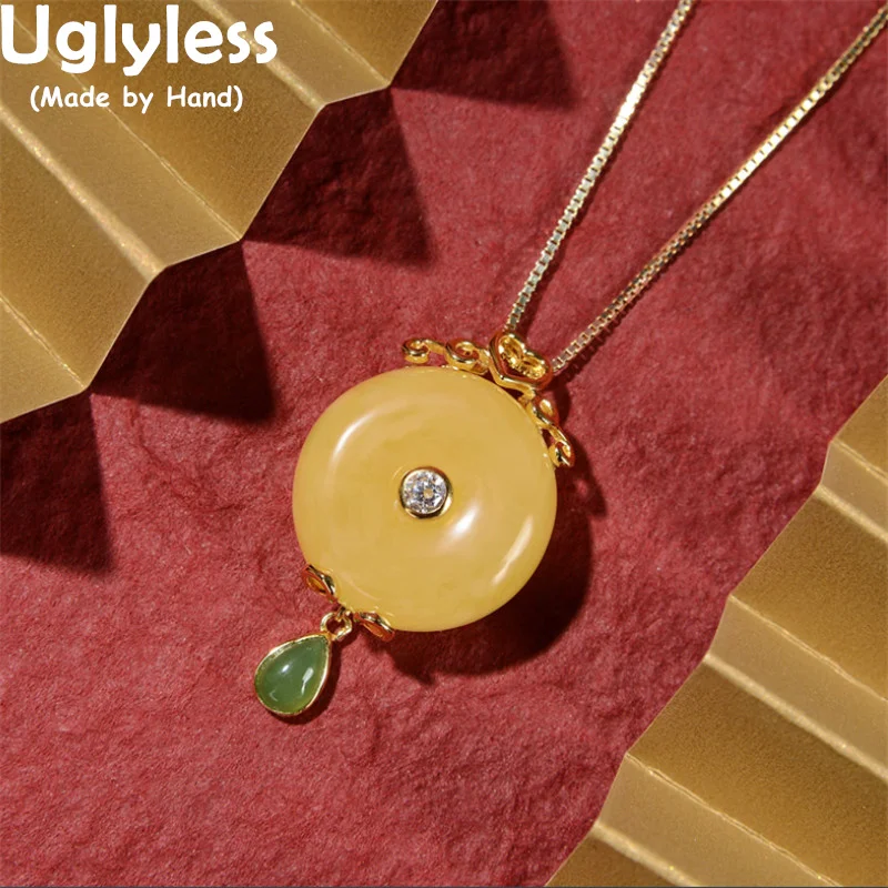 

Uglyless Simple Ethnic Peace Buttons Jewelry Sets for Women 925 Silver Beeswax Amber Earrings Pendants Necklaces NO Chains Gold