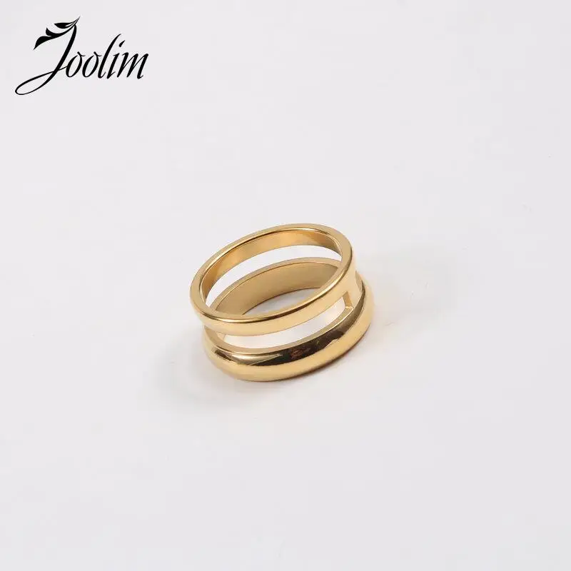 Joolim High End Gold PVD Waterproof Double Arc Fake Two Pieces Rings for Women Stainless Steel Jewelry Wholesale