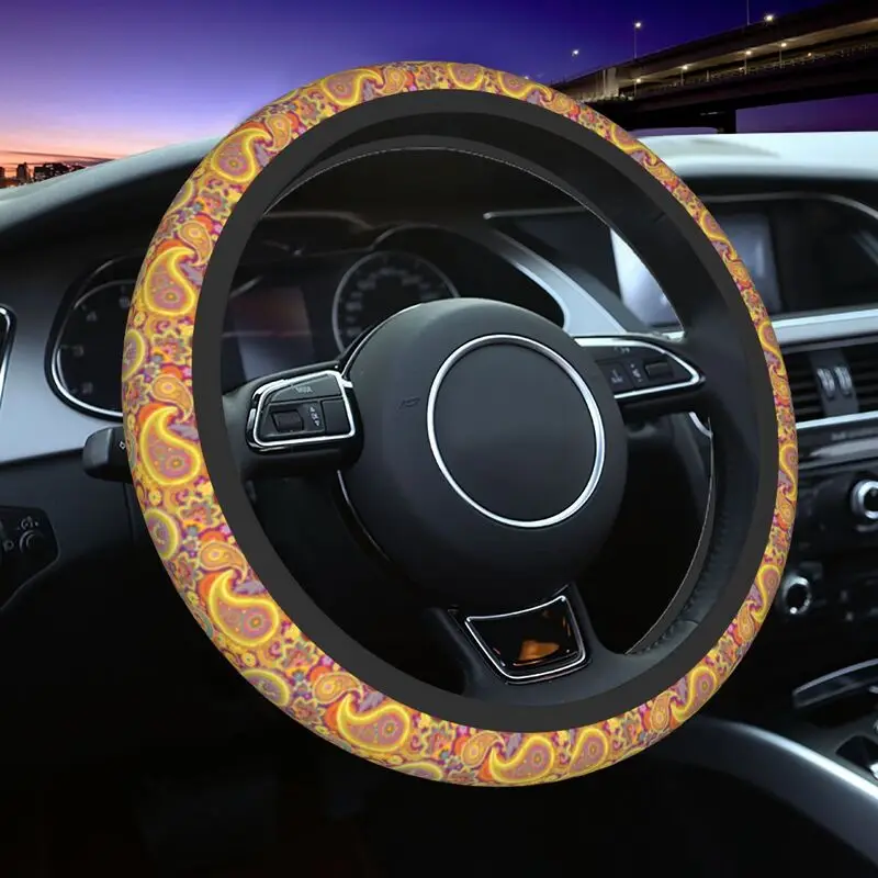 

38cm Yellow Floral Paisley Pattern Steering Wheel Cover Bohemian Auto Car Steering Wheel Protector Fit for SUV Car 14.5-15 Inch