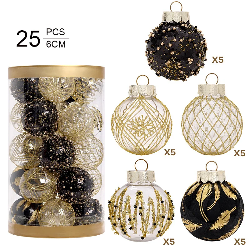 

25Pcs 6cm Christmas Tree Balls Hanging Ornament Black Gold Red Xmas Baubles 2023 Noel Navidad Decorations for Home New Year