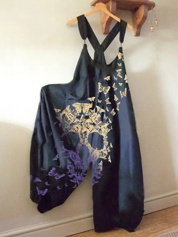 

2022 Women's Halloween Skull Butterfly Print Jumpsuits Loose Style Sleeveless Wide Leg Pants Casual Overalls For Lady Rompers