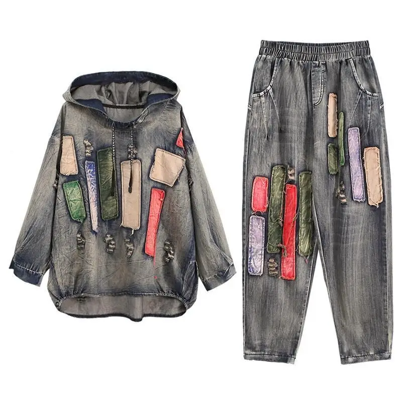 Denim Hoodies Suits Women Spring Autumn Fashion Trend Large Size Loose Fried Street Hooded Jackets Harem Jeans Two Piece Sets
