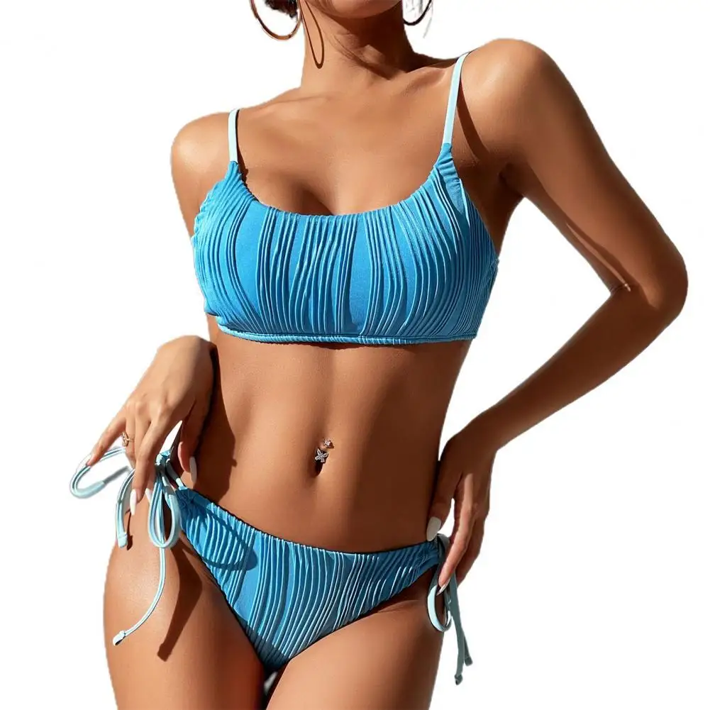 

2Pcs/Set Chic Women Bikini Backless Ribbing Swimwear Adjustable Tightness Swimsuit