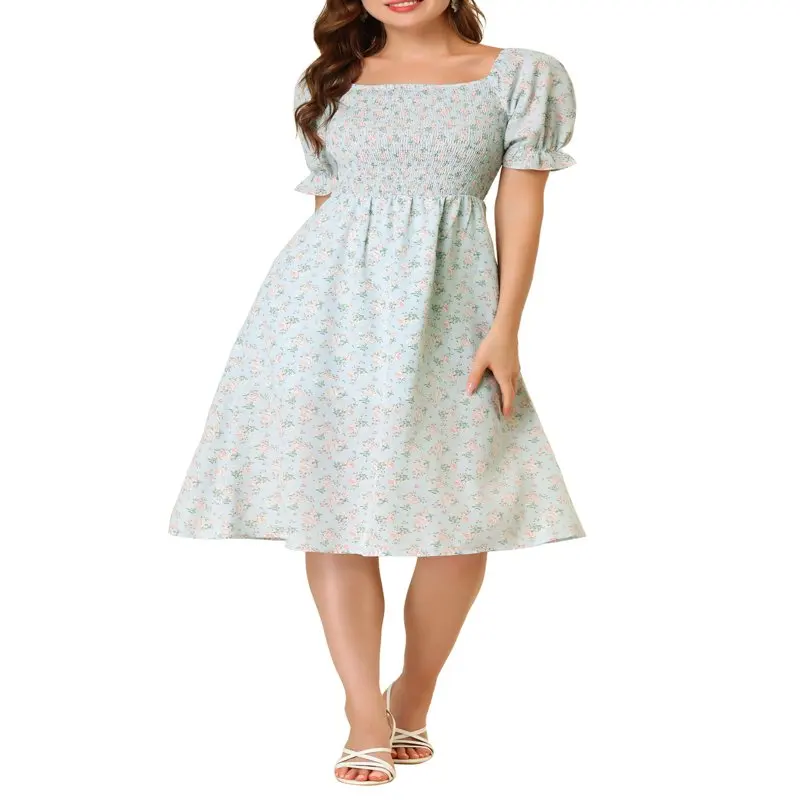 

Women`s Smocked Floral Square Neck Short Puff Sleeve Summer Midi Dress