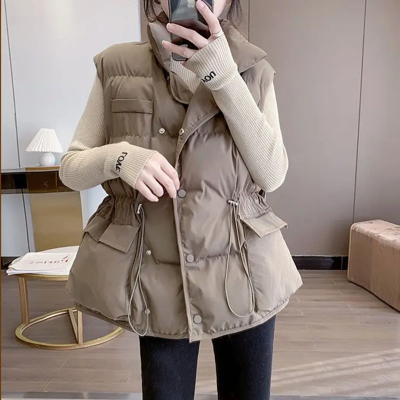 

2023 Winter Waistcoat Sleeveless Zipper Drawstring Hem Women Waistcoat Autumn Winter Cotton Elegant Vest Coat Outerwear H47