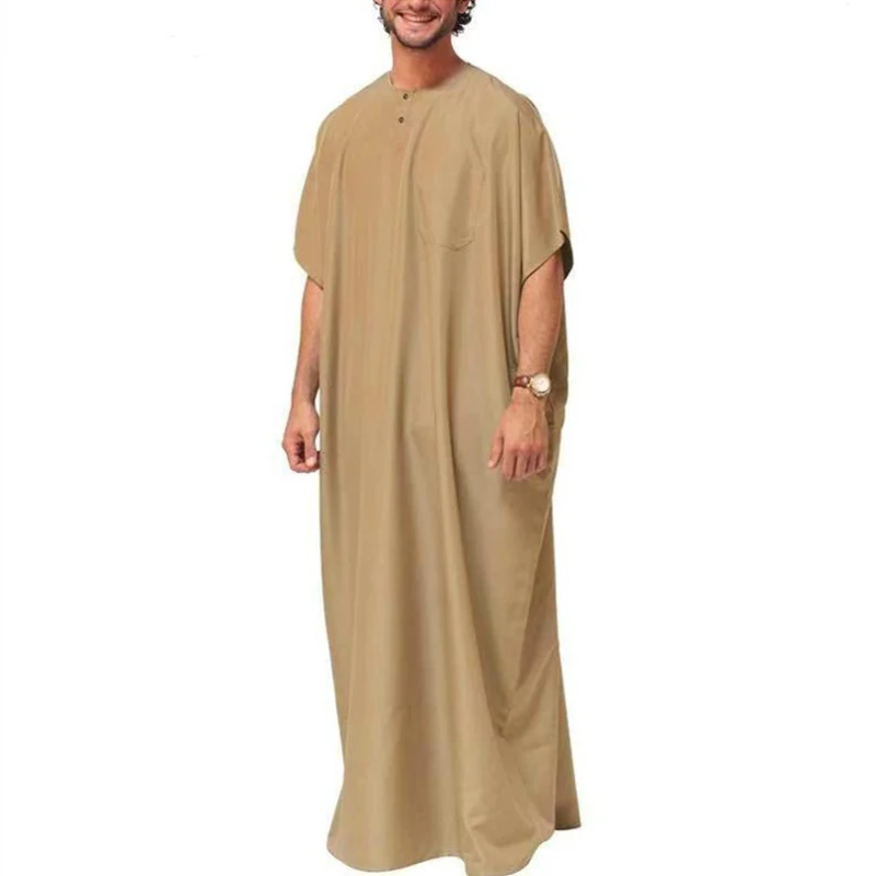 Men Muslim Kaftan Half Sleeve Robe Jubba Thobe Saudi Arab Robe Vintage Abaya Costume Casual Button Islamic Clothing Dress Eid