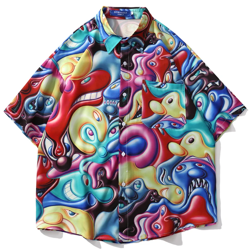 

Mens Oversize Hawaii Short Sleeve Shirts 22SS Unisex Harajuku Warped Image Printed Turn-Down Collar blouse Tropica Tops