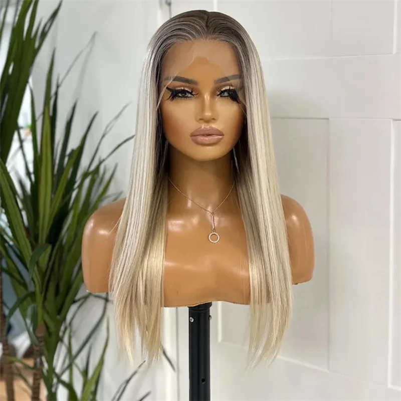Фото Синтетический парик Ombre Blonde HD Lace Front с эффектом смешивания с натуральными волосами (пепельные корни), от производителя, дешевые парики на распродаже, 20 дюймов №4