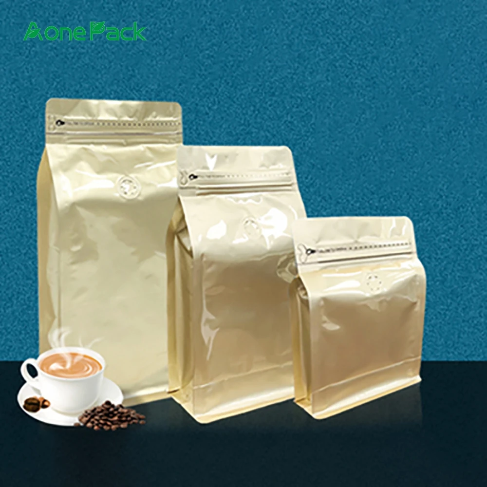 50PCS Glossy Eight Side Gusset Food Packaging Bags 1000g Custom Design Coffee Pouch with With Degas Valve Reusable Side Zipper