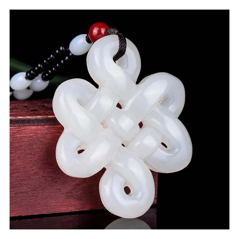 Natural Green White Jade Chinese Knot Pendant Beads Necklace Charm Pass Love Jewelry Double-sided Hollow Carved Amulet