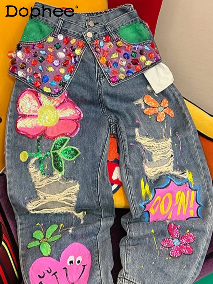 2023 Spring New Heavy Industry Beads Flower Ripped Jeans Women High Waisted Denim Baggy Pants Straight Trousers Y2k High Street