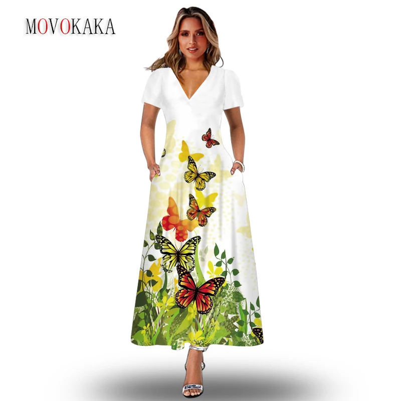 

MOVOKAKA Spring Summer Elegant Woman Long Dress Casual Beach Holiday Short Sleeve Vestidos Butterfly Print Loose Vintage Dresses