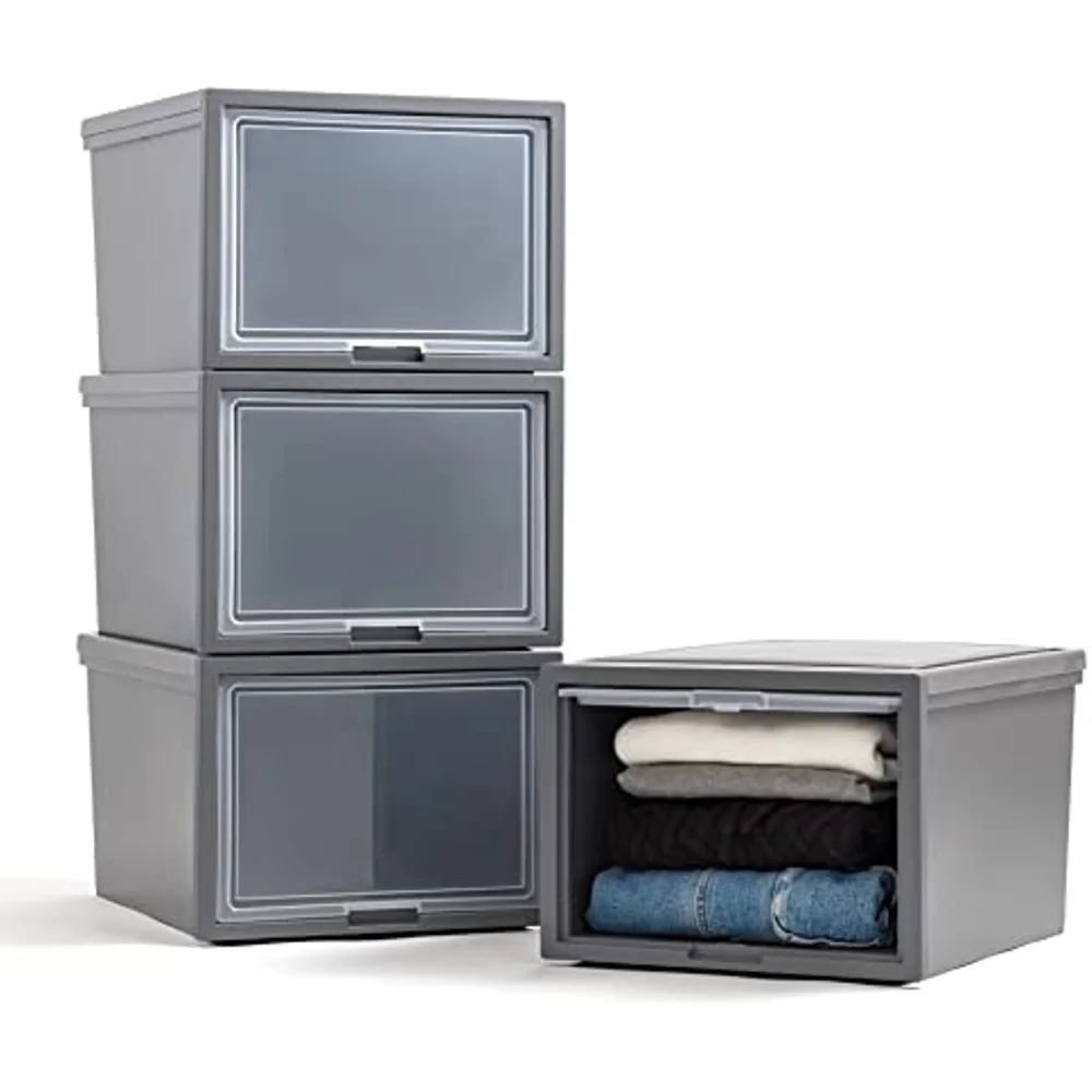 

Stackable Storage System for Clothes, Large, 4 Pack, Plastic Dresser Chest with Flip-Up Door, Great for Closet