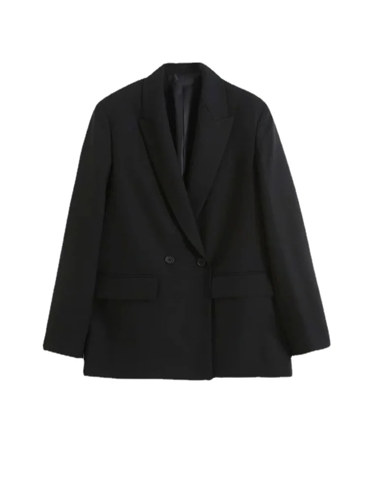 Women Fashion Double Breasted Loose Fitting Blazer Coat Vintage Long Sleeve Pockets Female Outerwear Chic Veste Femme