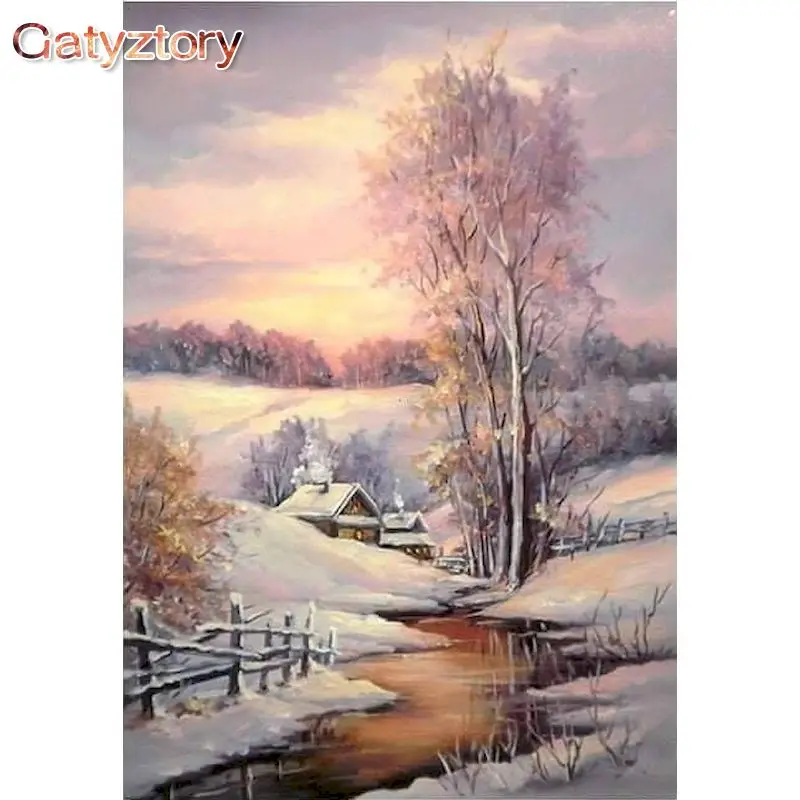 

GATYZTORY Framed Painting By Numbers Kits For Adults Small House In Snow Landscape HandPainted Oil Paints Kits For Home Wall Art
