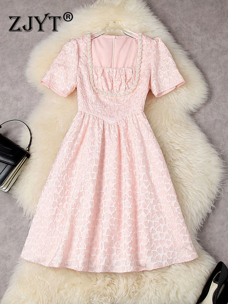 

Женское летнее платье ZJYT, ярко-розовое платье с бисером, модное Повседневное платье с коротким рукавом и сердечком