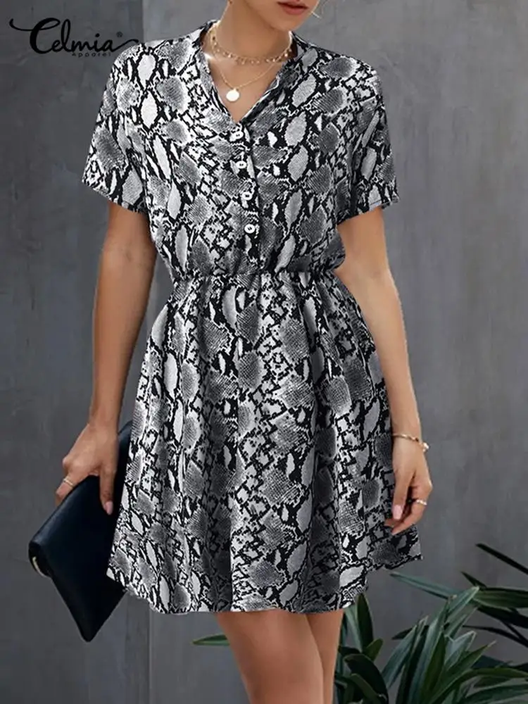 

Celmia Serpentine Mini Dress Summer Casual Vintage Buttons Holiday Sundress Short Sleeve Women Snake Print Short Vestido Mujer