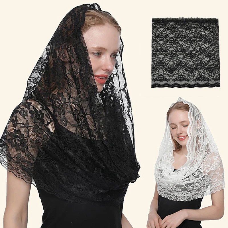 

Lace Flower Scarf Round Veil Muslim Head Wraps Church Shawl With Fringes Embroidered Floral Scarves Muslim Elegant Head Wraps