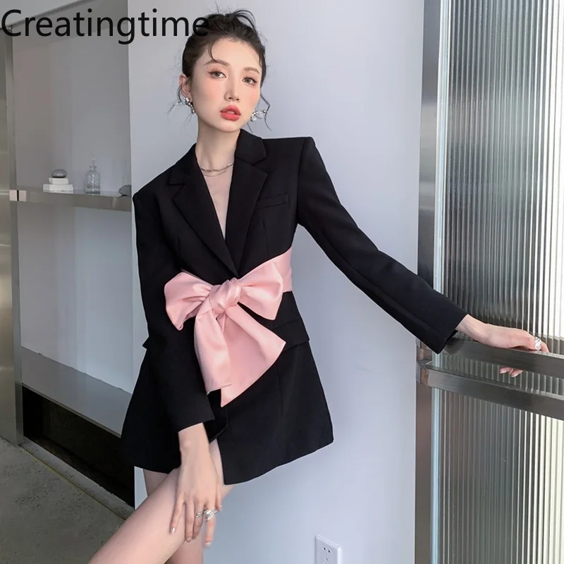 

2023 Spring Blazer Women's New Fashion Trend Solid Color Notched Collar Pink Bow Bandage Sexy Patchwork Backless Dress GA788