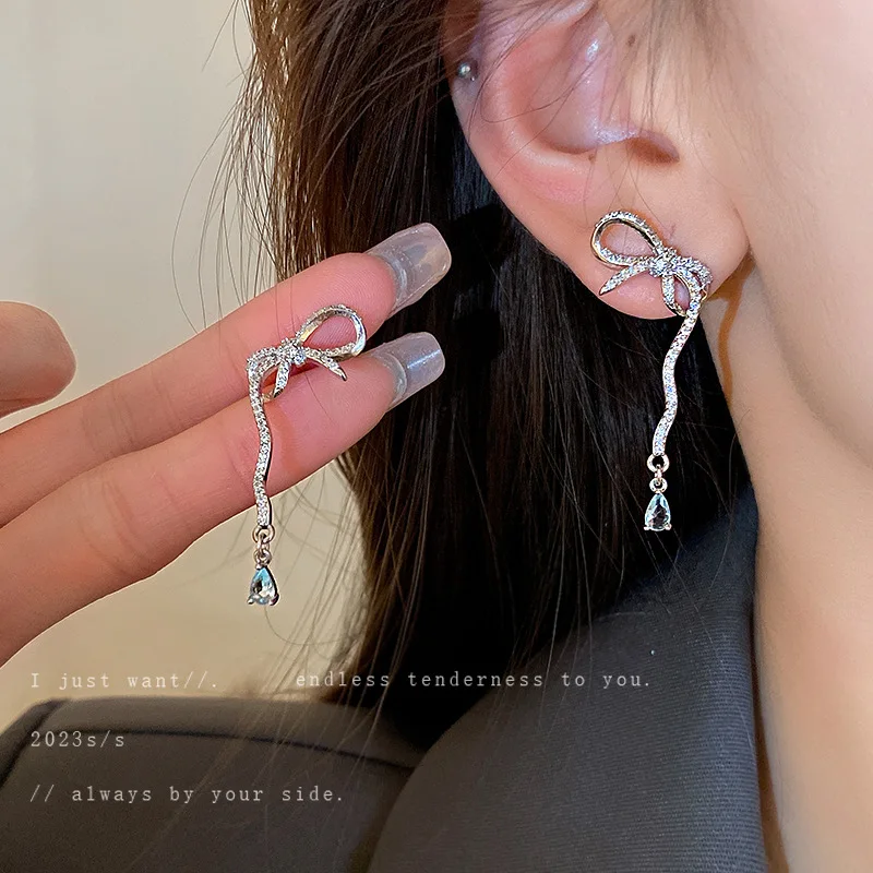 

38mm Silver Needle Korea Light Luxury Zircon Bow Knot Tassel Earrings