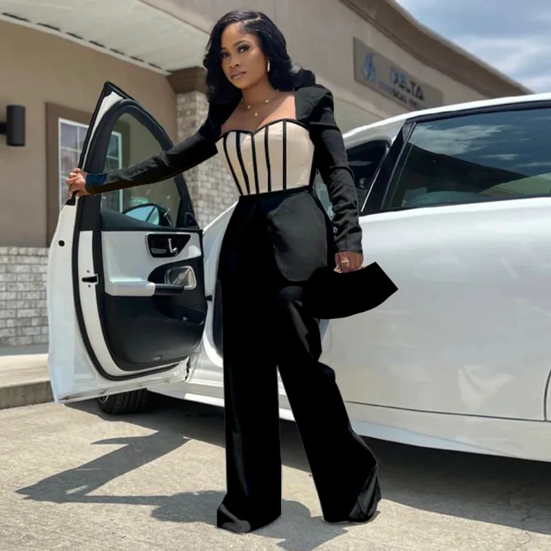 

Элегантная рабочая одежда WUHE, блейзер, Стильный комбинезон с широкими штанинами, Женский деловой клубный слитный комбинезон 2023 вечерние для офиса, женские комбинезоны